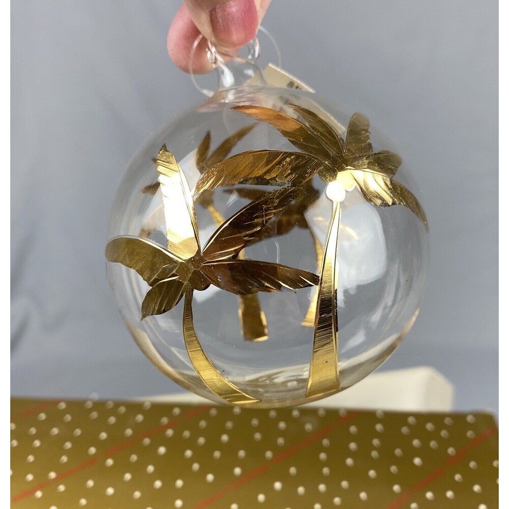 Vintage Dillards Trimmings Clear Glass Christmas Ornaments GOLD Palm Trees Set 3